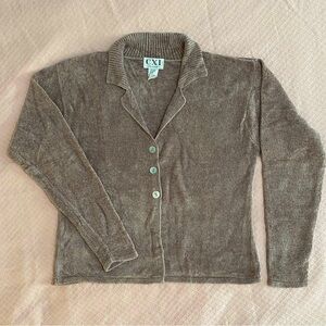Lovely sweater jacket in fawn chenille with real shell buttons. So soft!